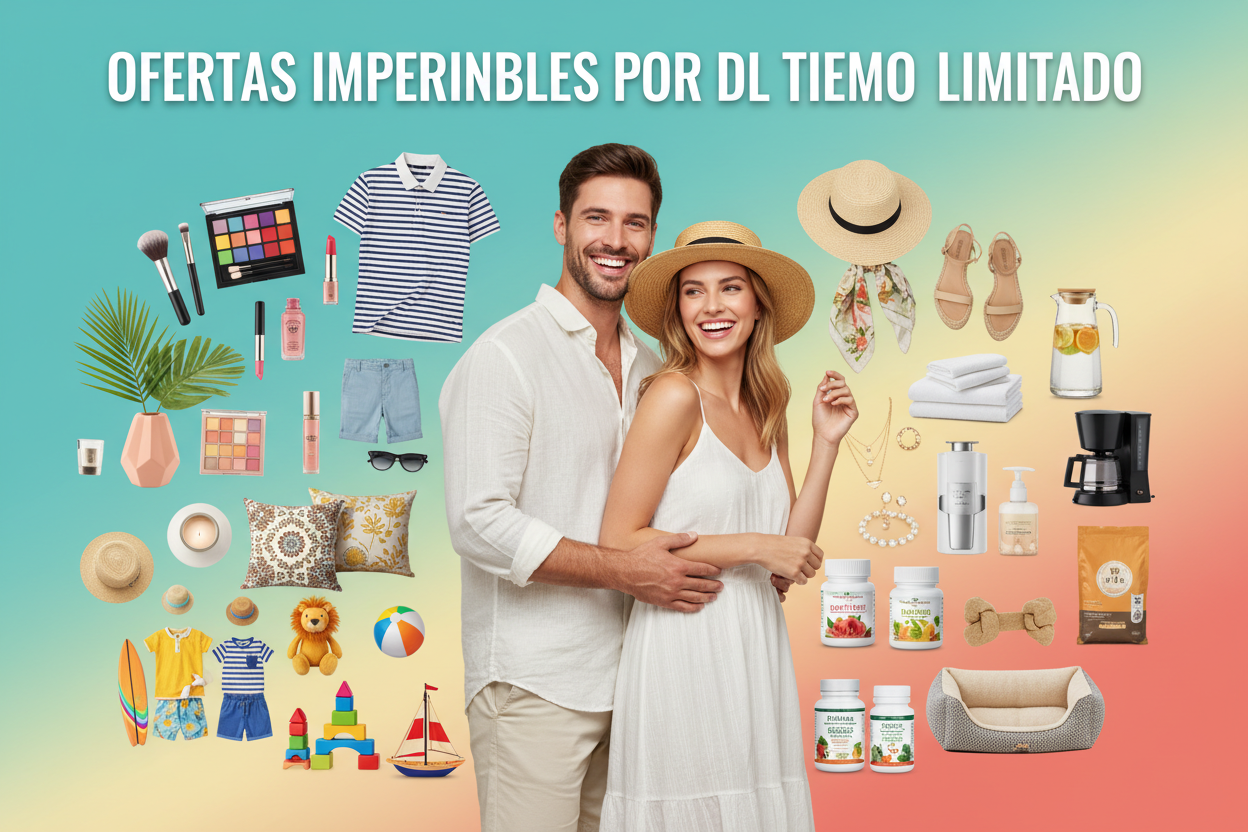 crear imagen promocional de una pareja rodeada de productos como maquillaje, articulos para el hogar, moda de hombre, mujer y niños, seccion de jugueteria, articulos para el hogar, productos para mascotas, joyas, suplementos alimenticios, todo en oferta. que se vea atractivo como portada profesional, moderna con ropa de verano 2025. que diga ofertas imperdibles por tiempo limitado sin mostrar porcentaje de descuento