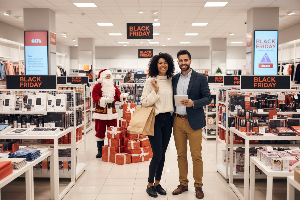 crear portada con una pareja rodeada de productos en una tienda, con santa claus viendo regalos y llamando a comprar por las promociones del black friday, imagen profesional y moderna en una tienda llamativa con mucha variedad de productos que solo diga black friday, imagen realista